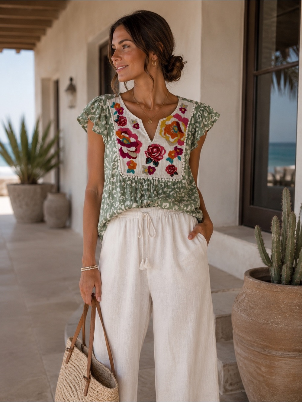 SAVANNA JANE Emboidered Floral Boho Peasant Top Small